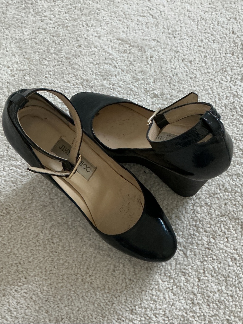 Jimmy Choo Black Patent Leather Ankle-Strap Wedges